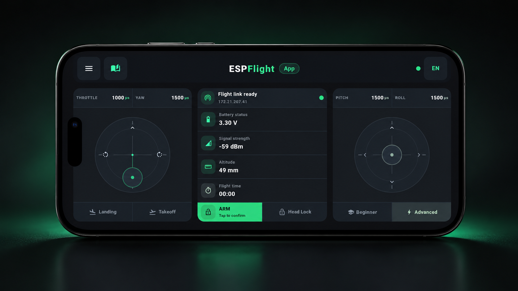 ESPFlight App flight-control interface shown on a smartphone in landscape orientation